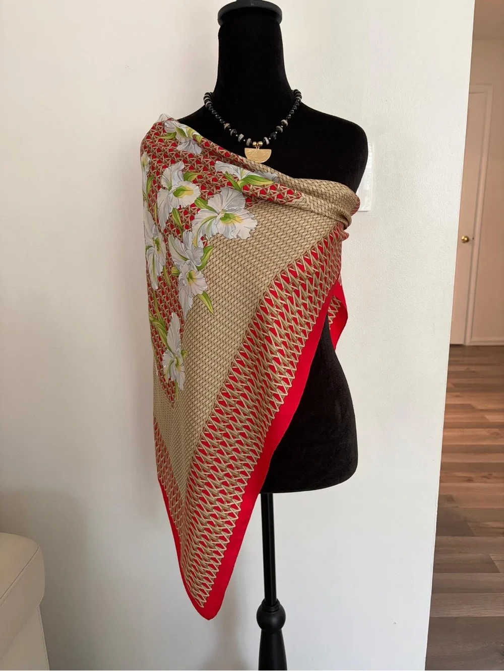 Valentino Silk Scarf Red White Floral Hand Rolled Made In Italy